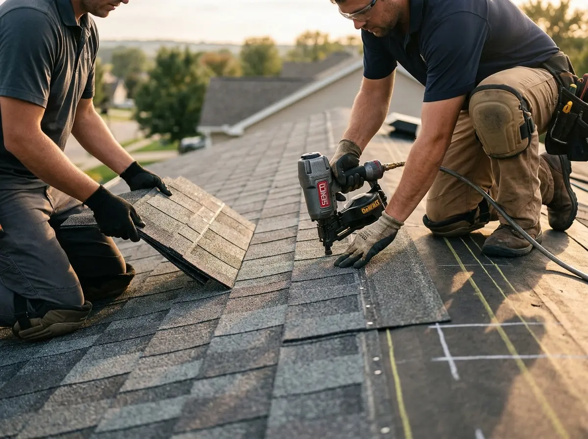 Professional roofer working on a residential roof in Laie